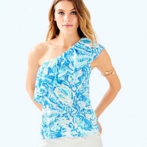 Lilly Pulitzer Matteo One Shoulder Ruffle Rope Salty Seas Bennet Blue Cotton